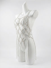Round Dance Pearl Skirt Body Chain Pearl Chain Metal Vest Stage Dance Birthday Dress