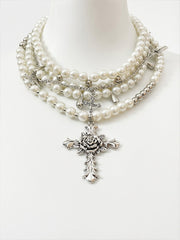Vintage Pearl Cross Necklace Multilayer Pearl Cross