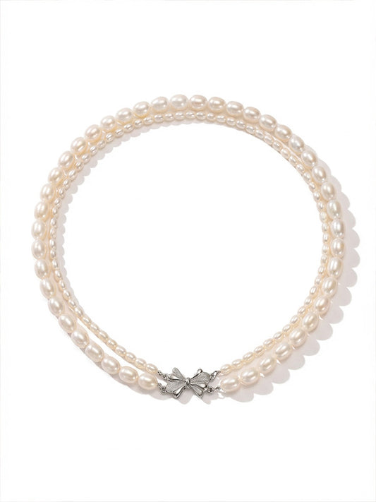 Rice Shaped Double-layer Freshwater Pearl Necklace Small Fragrance Style Necklace Fashionable Jewelry Gift for Girlfriend