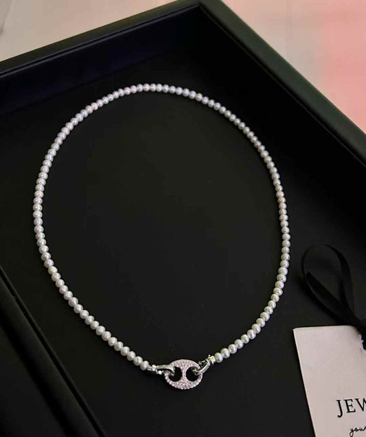 Kalung Mutiara Budidaya Air Tawar “Desain Hidung Babi” Bahan Perak Sterling 3 - 4mm