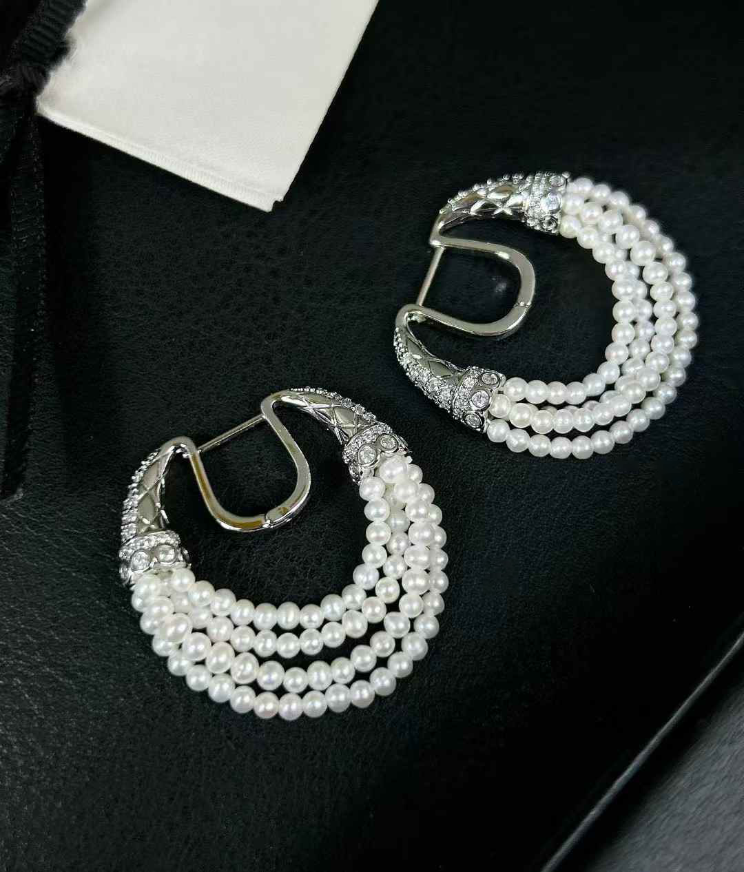 "Horseshoe Buckle Design" Freshwater Cultured Pearl Ear Drops with Triple String Tassels Sterling Silver 3mm-4mm