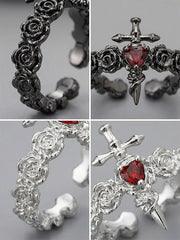 Gothic Dark Cross Couple Rings Adjustable Opening