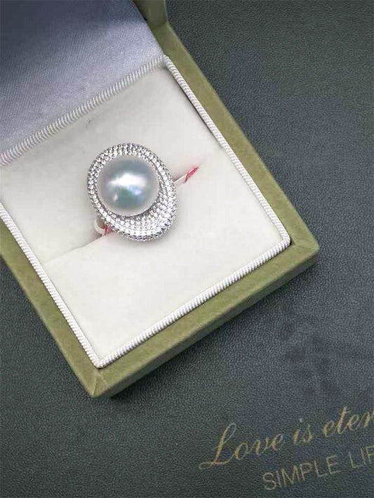 "Cornucopia" Seawater Cultured Australian White Pearl Diamond Ring Adjustable Ring Size 13 - 14mm