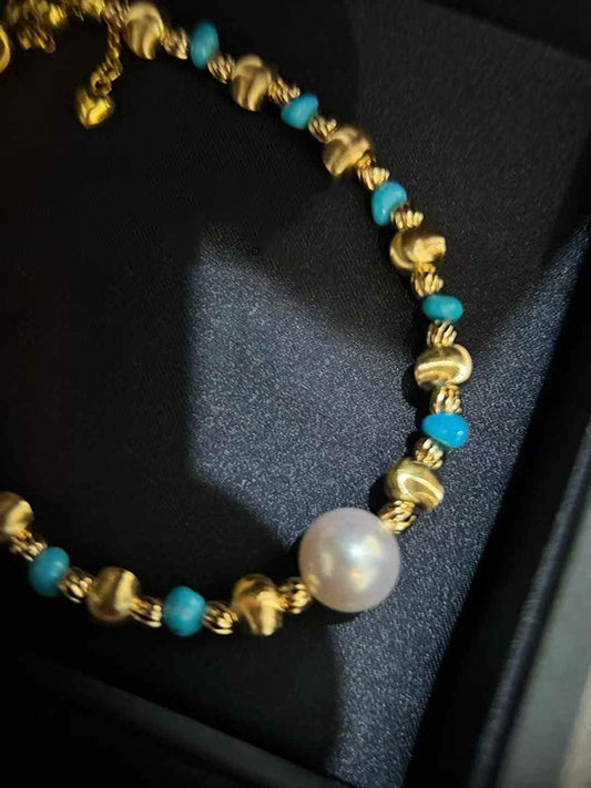 Freshwater Cultured Pearls Bracelet  Cat's-eye Golden Balls with Natural Beautiful Turquoise Perfectly Round & Flawless, 8 - 8.5mm