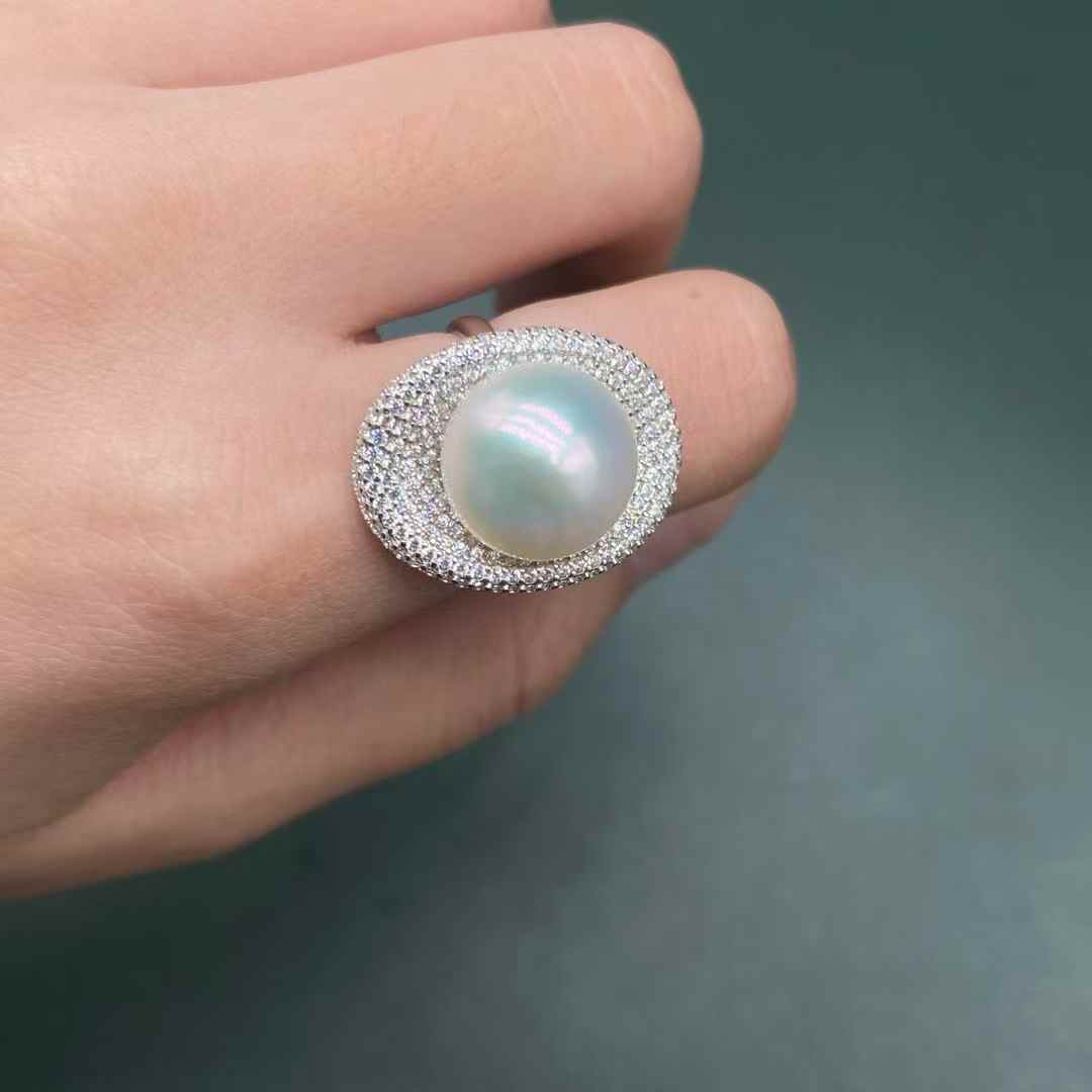 "Cornucopia" Seawater Cultured Australian White Pearl Diamond Ring Adjustable Ring Size 13 - 14mm