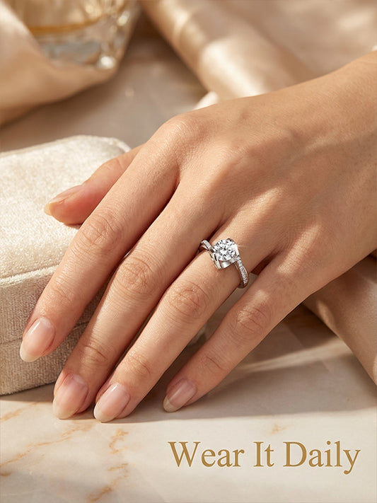 Sterling Silver 3D Heart Engagement Ring' with Angel Kiss Design & Adjustable Open Band