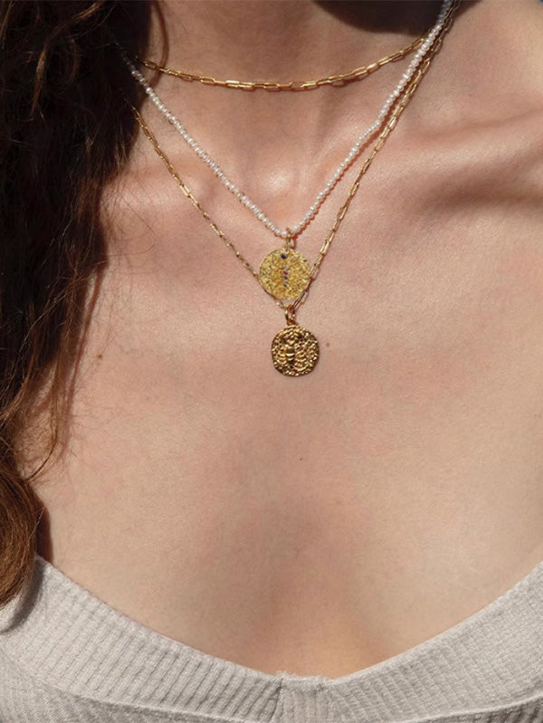 Twelve Constellations Gold Coin Pendant Pearl Necklace Light Luxury Niche Stacked Collarbone Neck Chain Private Customization