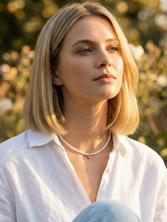 “Small Gold Bead” Freshwater Natural Pearl Collarbone Choker Necklace Modern Luxury Design 3mm