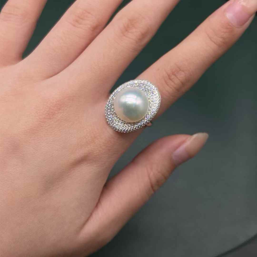 "Cornucopia" Seawater Cultured Australian White Pearl Diamond Ring Adjustable Ring Size 13 - 14mm