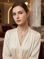 Gothic Chrome Hearts Style Pearl Necklace Distressed Silver Cross & Satin Bow Contrast Design