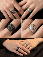 Hip Hop Cool Style Liquid Metal Black-White Feather Couple Rings Adjustable Opening