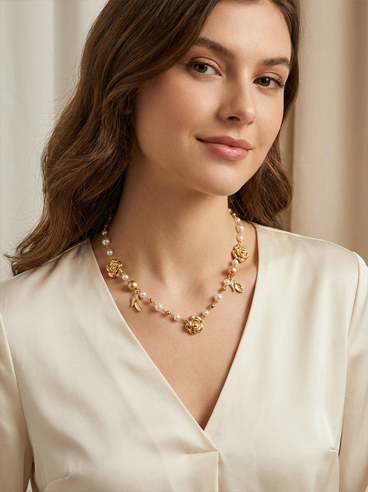 Golden Tea Flower Waist Chain Mountain Tea Flower Pearl Flower Golden Fragrance Sweater Chain Long Necklace