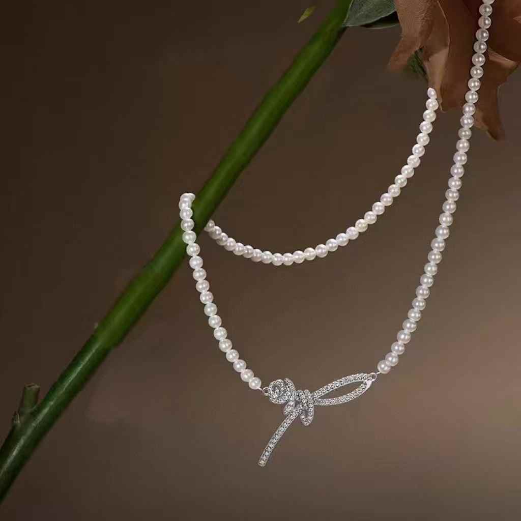 "Rose Ribbon Diamond Series" Freshwater Cultured Pearl Necklace  3 - 4mm