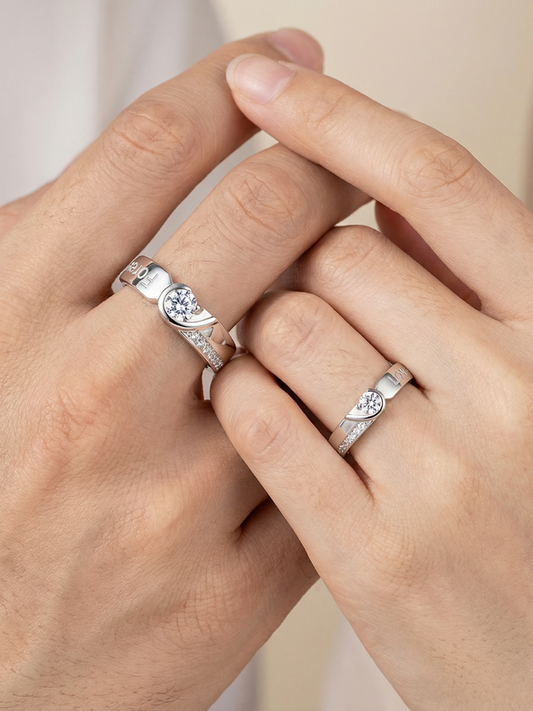 "Heartbeat Sync" Diamond Couple Rings' — Our Pulses Sparkle Together S999 Size Adjustable