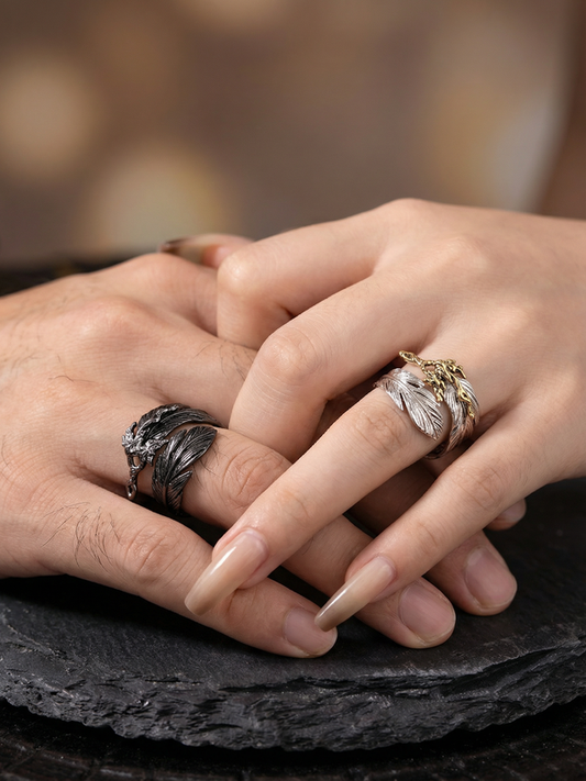 Hip Hop Cool Style Liquid Metal Black-White Feather Couple Rings Adjustable Opening