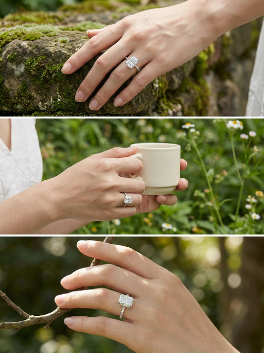 Sterling Silver Engagement Ring' with 7x10mm Large Rectangular Cubic Zirconia & Ice Flower Cut Design