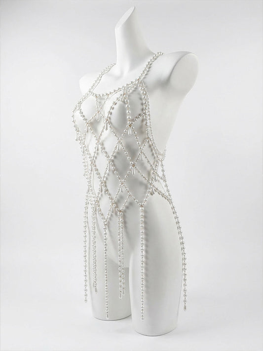 Round Dance Pearl Skirt Body Chain Pearl Chain Metal Vest Stage Dance Birthday Dress