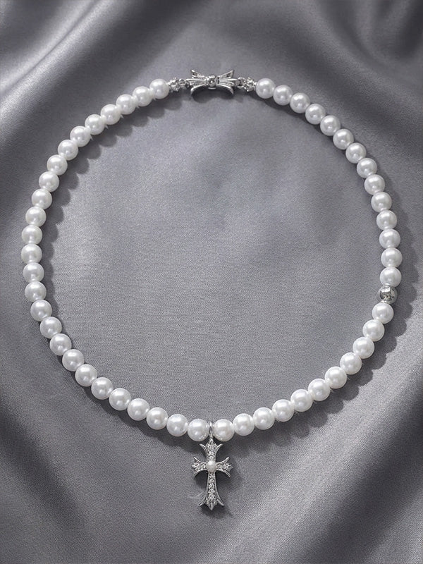 Gothic Chrome Hearts Style Pearl Necklace Distressed Silver Cross & Satin Bow Contrast Design