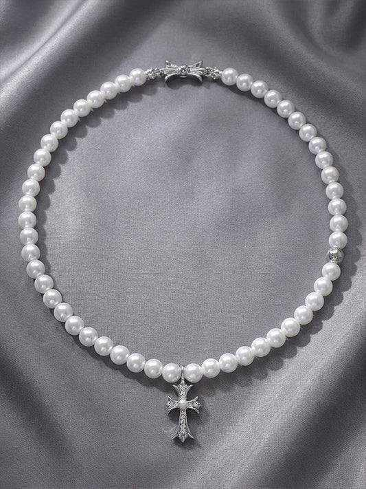 Gothic Chrome Hearts Style Pearl Necklace Distressed Silver Cross & Satin Bow Contrast Design