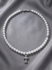 Gothic Chrome Hearts Style Pearl Necklace Distressed Silver Cross & Satin Bow Contrast Design