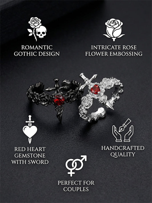 Gothic Dark Cross Couple Rings Adjustable Opening