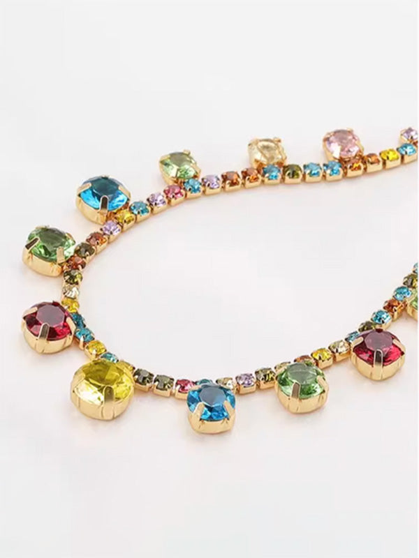 “Candy Diamond” Multi Colored Gemstone Gold Necklace Light Luxury Niche Collarbone Chain