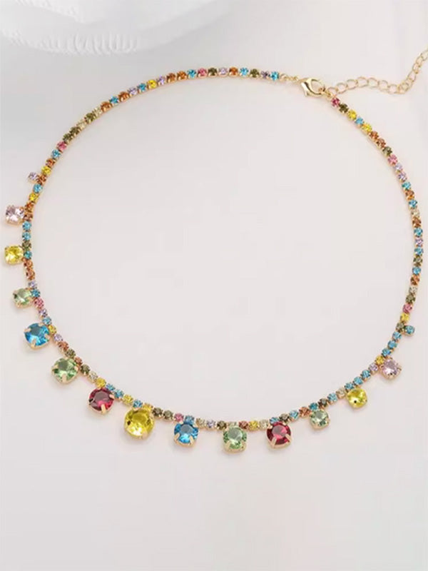 “Candy Diamond” Multi Colored Gemstone Gold Necklace Light Luxury Niche Collarbone Chain