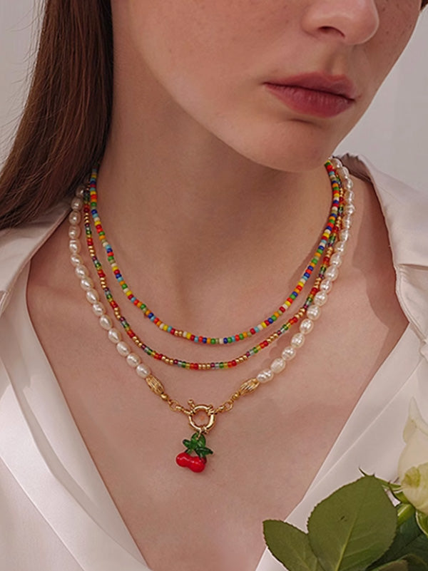 “Cherry Love” Natural Pearl Necklace Summer Ins Niche Clavicle Chain