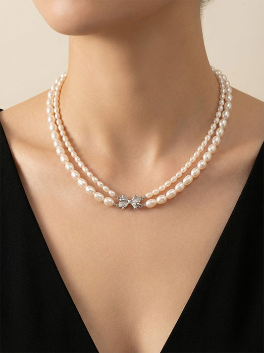 Rice Shaped Double-layer Freshwater Pearl Necklace Small Fragrance Style Necklace Fashionable Jewelry Gift for Girlfriend