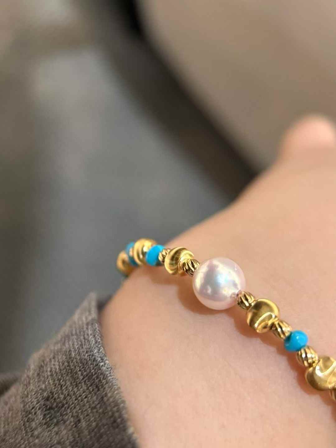 Freshwater Cultured Pearls Bracelet  Cat's-eye Golden Balls with Natural Beautiful Turquoise Perfectly Round & Flawless, 8 - 8.5mm