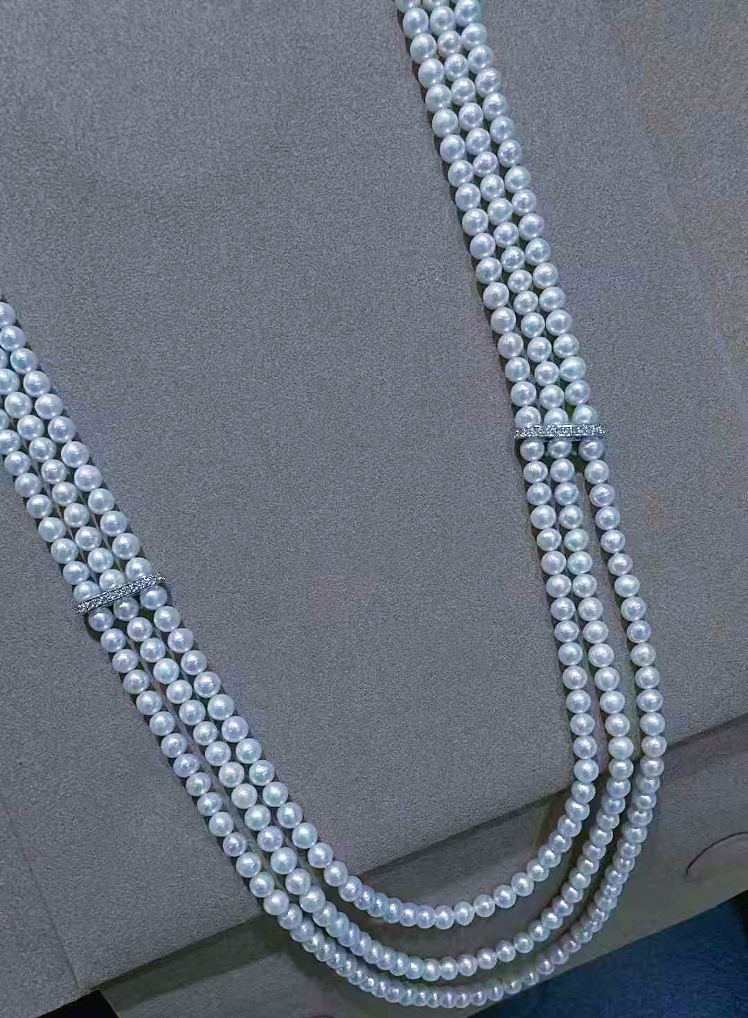 Cultured Freshwater Pearl Necklace Three - Layered Sweater Chain with Sparkling Diamonds 4 - 5mm