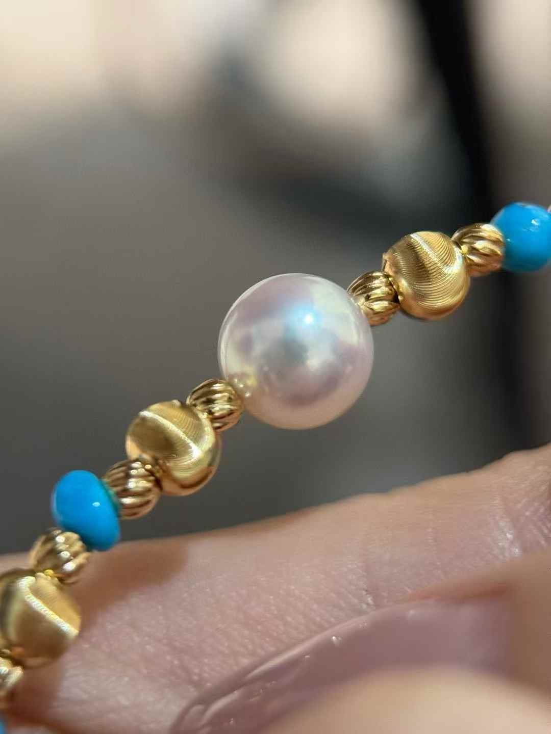 Freshwater Cultured Pearls Bracelet  Cat's-eye Golden Balls with Natural Beautiful Turquoise Perfectly Round & Flawless, 8 - 8.5mm